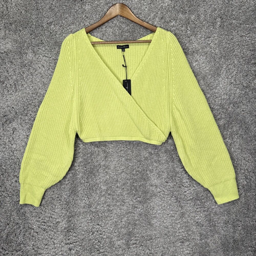 NWT Hunter & Brown Lime Green Balloon Sleeve Crop Sweater Medium Knit Boho
